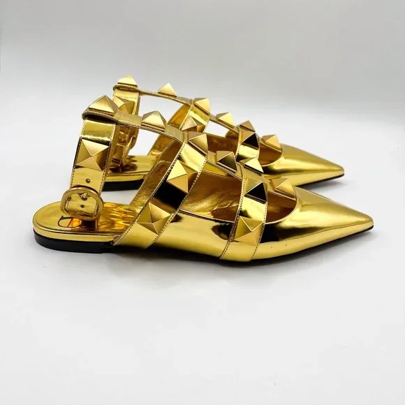 Valentino Garavani Roman Stud Metallic Gold Leather Ballerina Ankle-Strap Flats - Picture 4 of 10